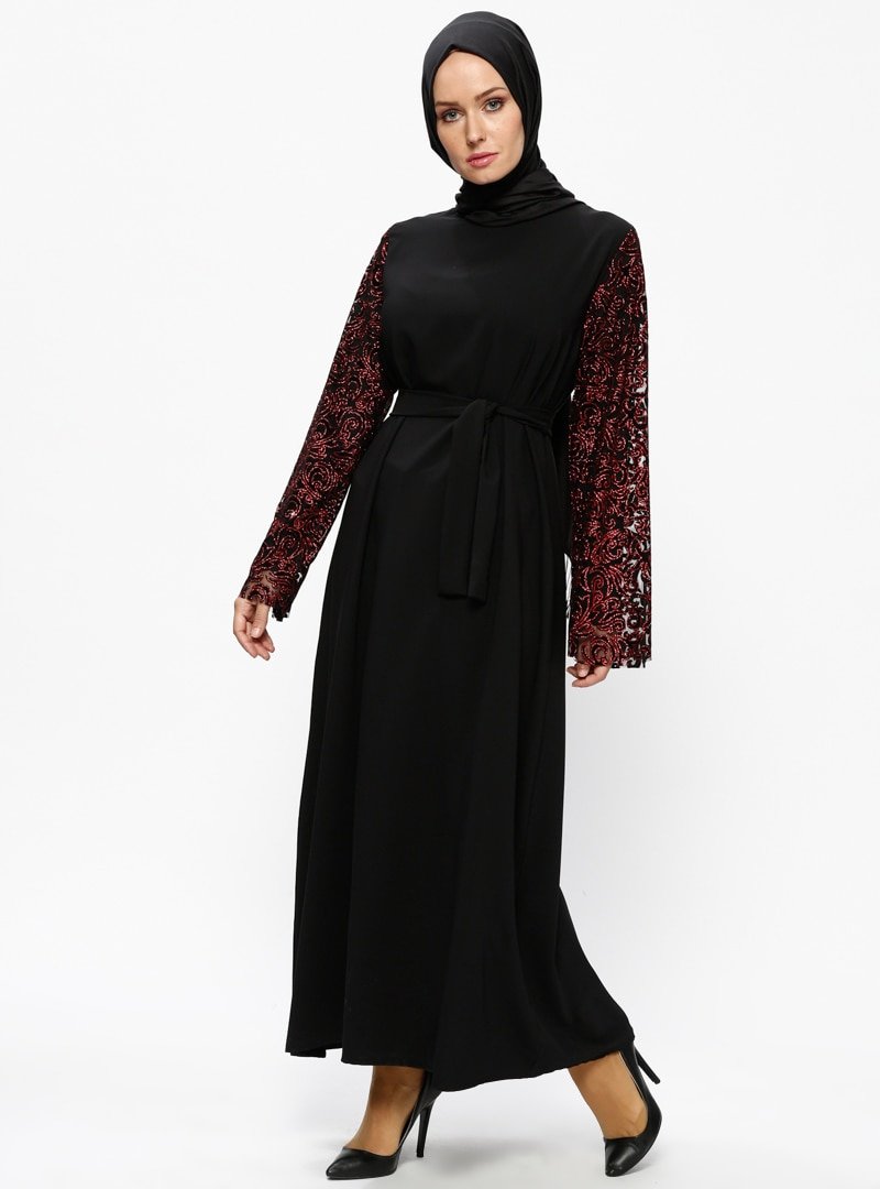 Filizzade Siyah Bordo Kolları Simli Elbise