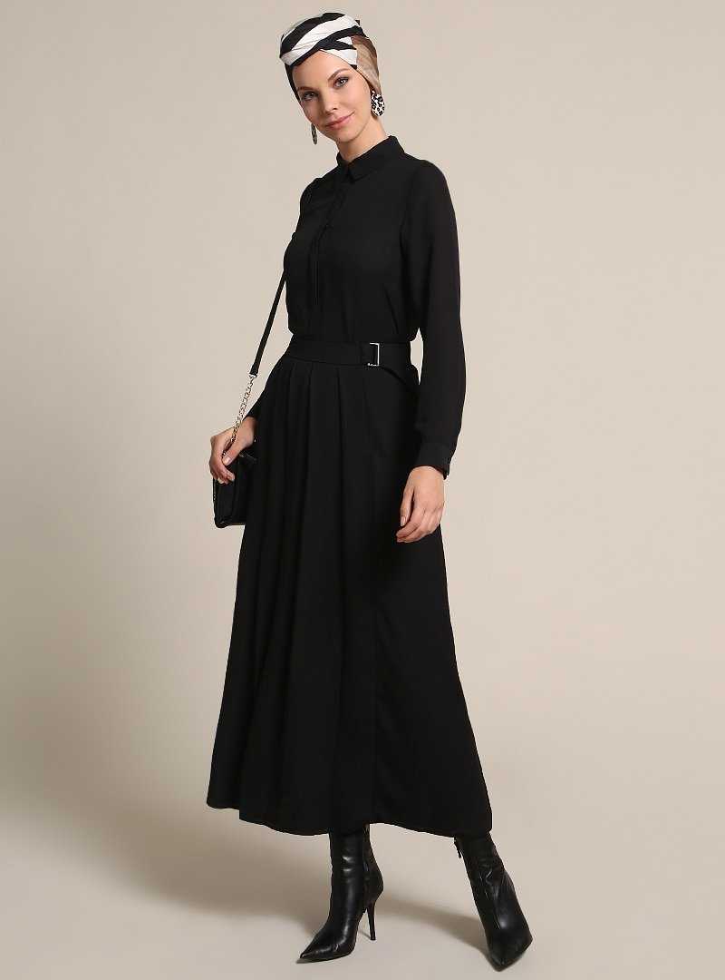 Refka Siyah Kemer Detaylı Elbise
