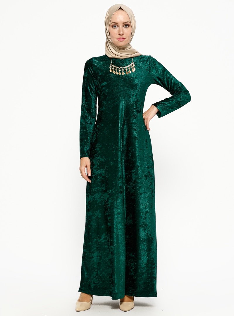 MEKSİLA Yeşil Kolyeli Kadife Elbise