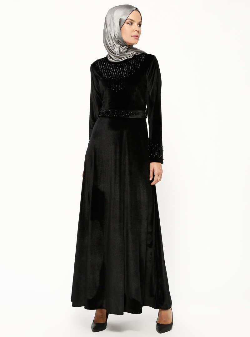 BÜRÜN Siyah Drop Baskılı Kadife Elbise