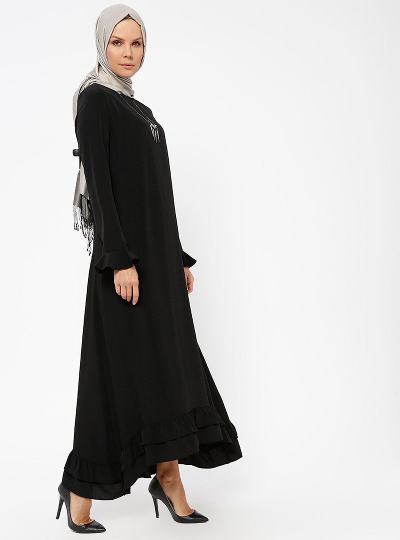 Amine Hüma Siyah Leyla Fırfırlı Elbise