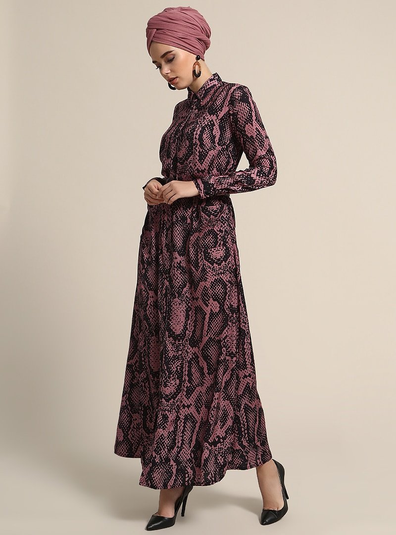 Refka Somon Boydan Düğmeli Cep Detaylı Elbise