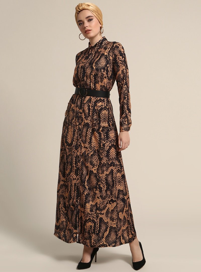 Refka Hardal Boydan Düğmeli Cep Detaylı Elbise