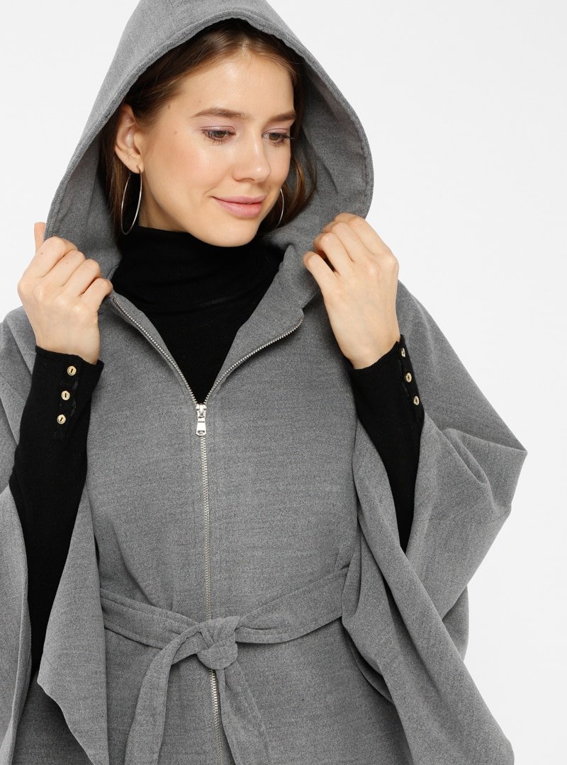 Pitti Collection Gri Kapüşonlu Kaşe Panço Mont