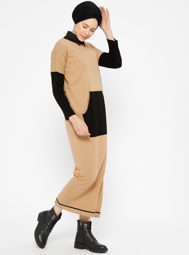 Zentoni Camel Siyah Triko Elbise