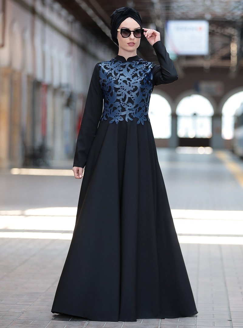 Rana Zenn Lacivert Deri Detaylı Elbise