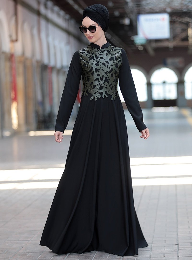 Rana Zenn Haki Deri Detaylı Elbise