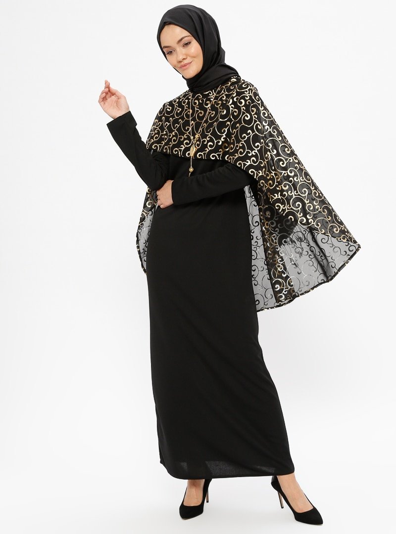 AYŞE MELEK TASARIM Siyah Varaklı Pelerinli Abiye Elbise