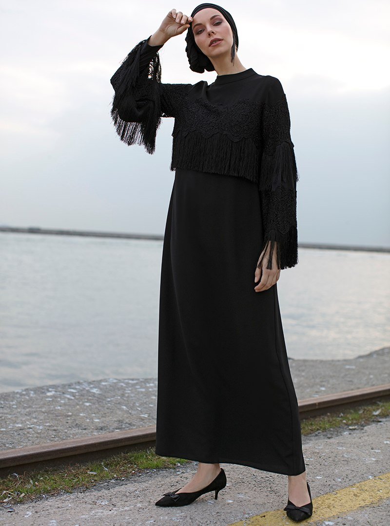 Refka Siyah Dantel Detaylı Abiye Elbise