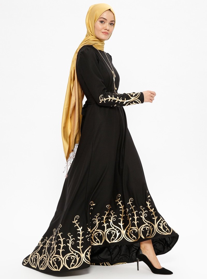 AYŞE MELEK TASARIM Siyah Kolyeli Varaklı Abiye Elbise