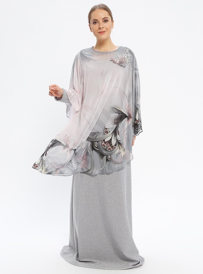Le Mirage Gri Pelerinli Elbise Abiye Takım