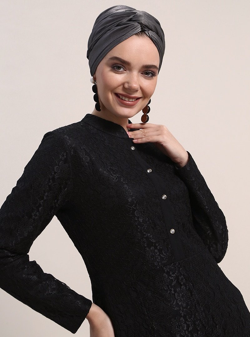 Refka Siyah Dantelli Abiye Elbise