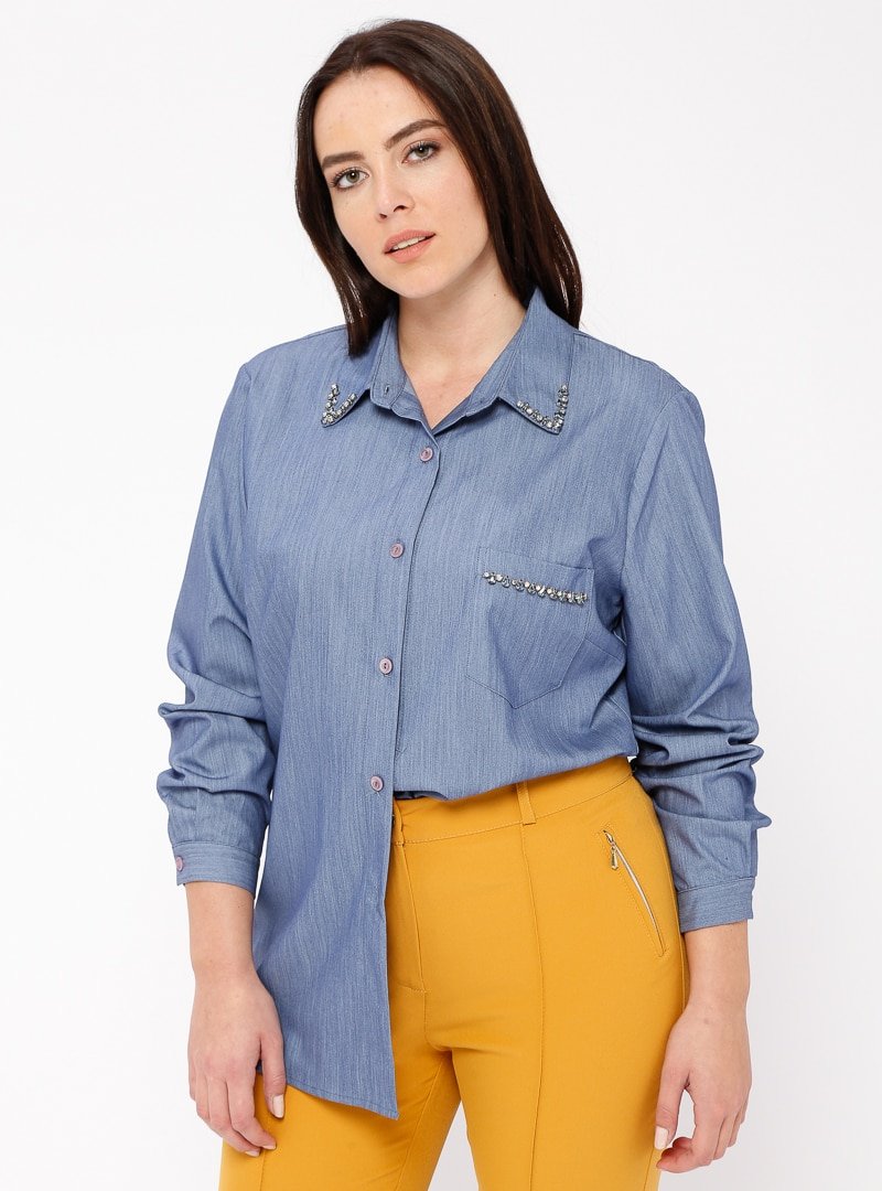 Minimal Moda Mavi Taşlı Gömlek