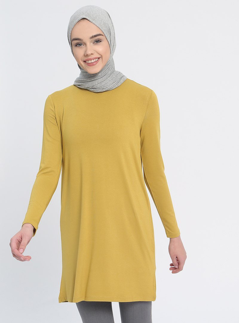 Everyday Basic Yağ Yeşili 85 cm Doğal Kumaşlı Basic Tunik