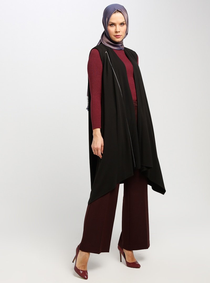 Armine Siyah Bordo Asimetrik Kesim Yelek