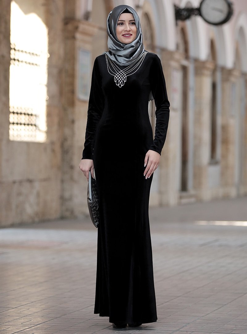 Amine Hüma Siyah Asil Kadife Abiye Elbise