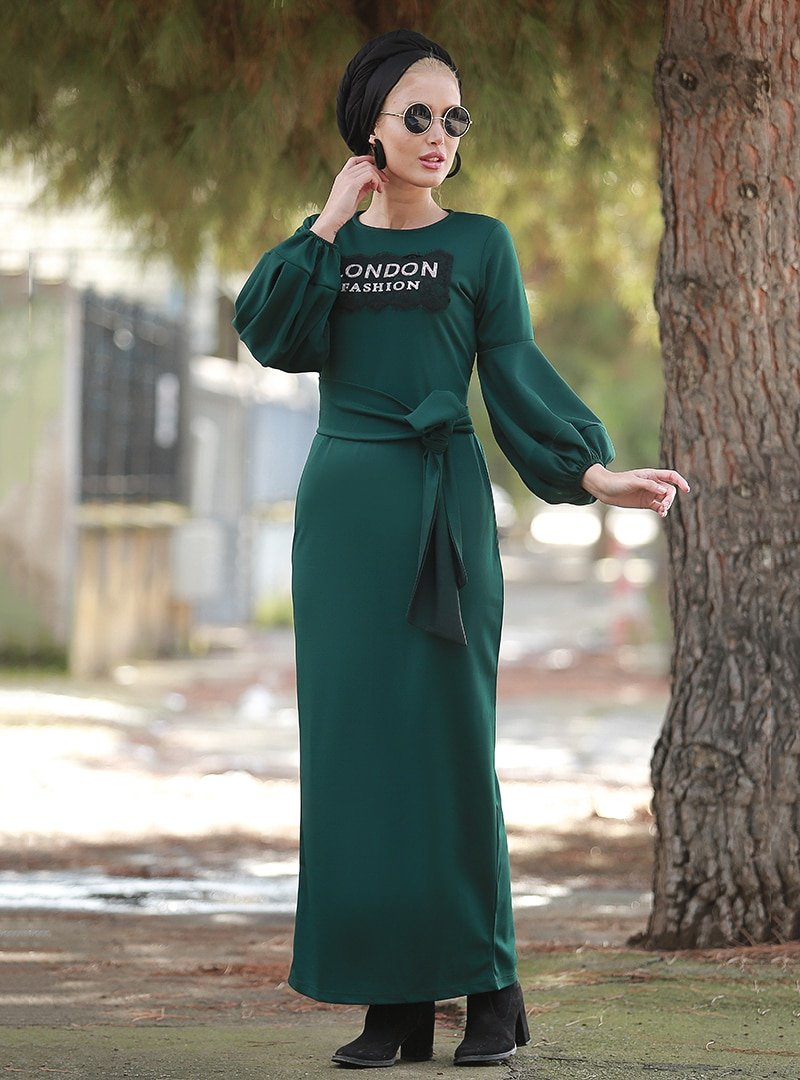 Myzen Zümrüt Yeşili London Baskılı Elbise