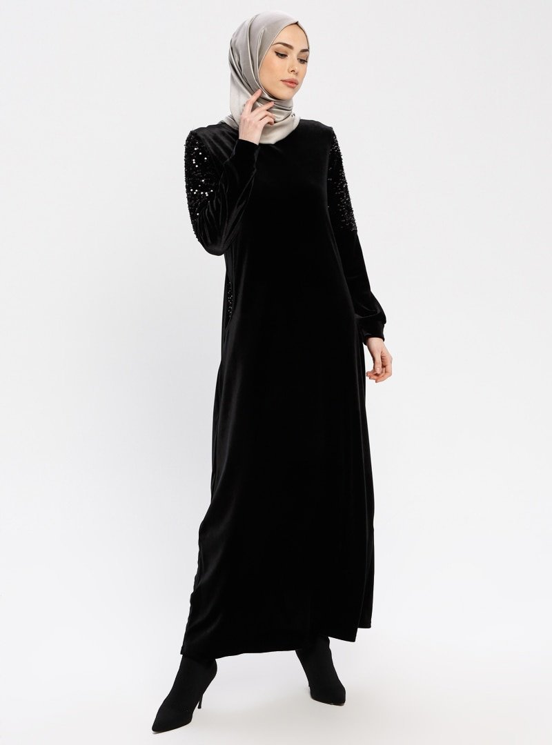 Ginezza Siyah Payet Detaylı Kadife Elbise