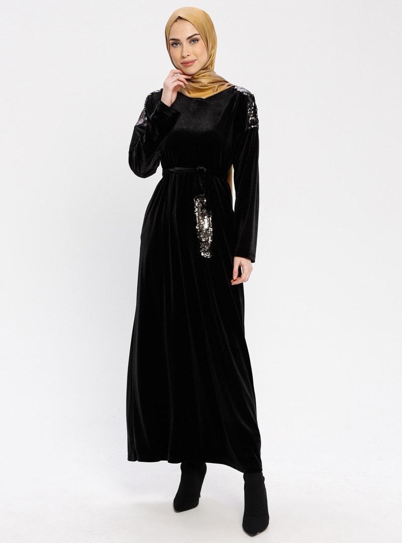Ginezza Siyah Payetli Kadife Elbise