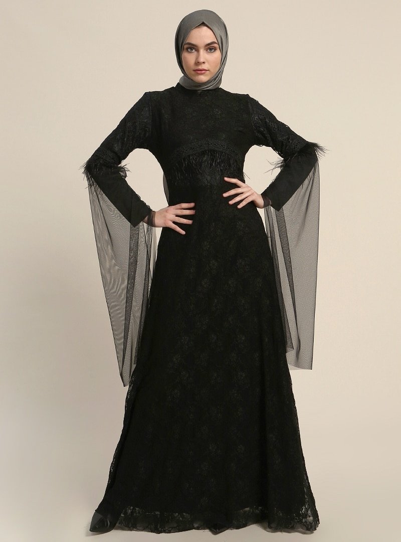 Refka Siyah Güpürlü Abiye Elbise