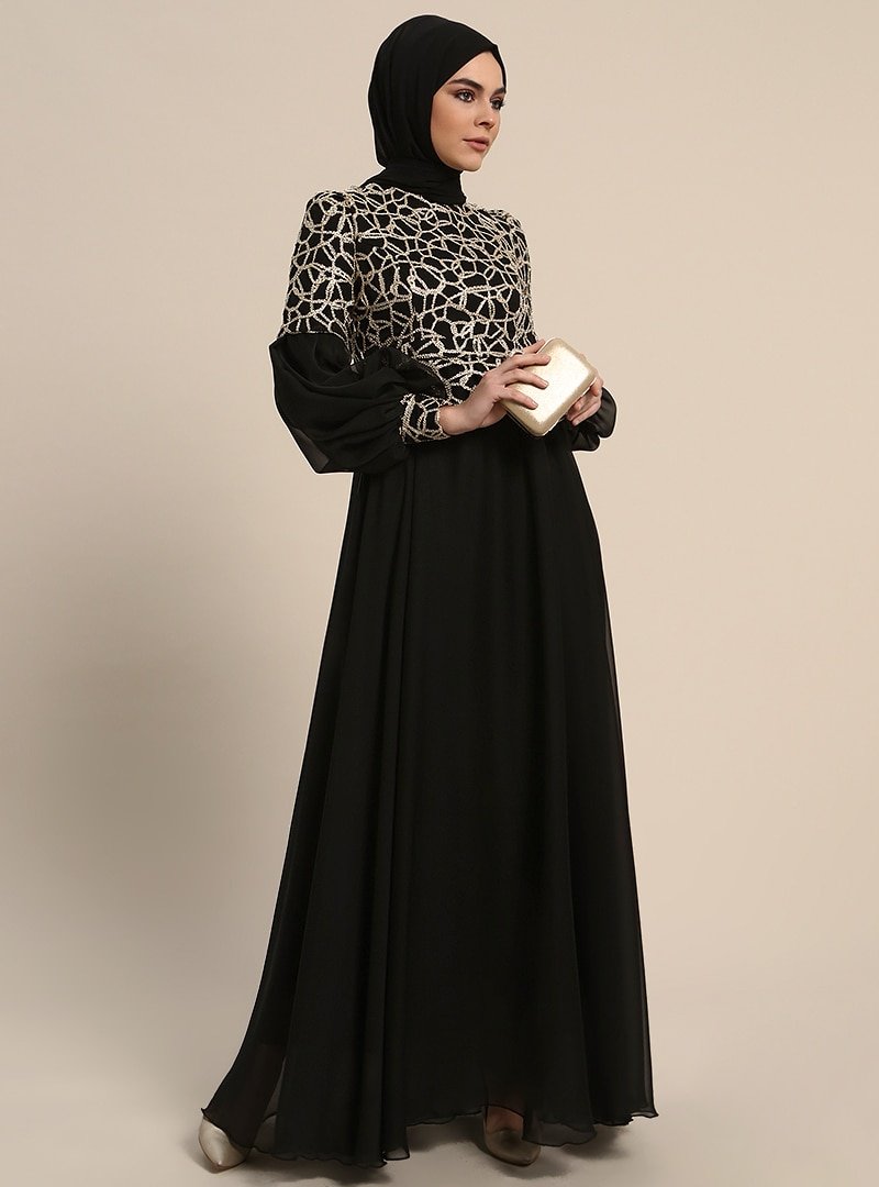 Refka Siyah Şifon Detaylı Balon Kol Abiye Elbise