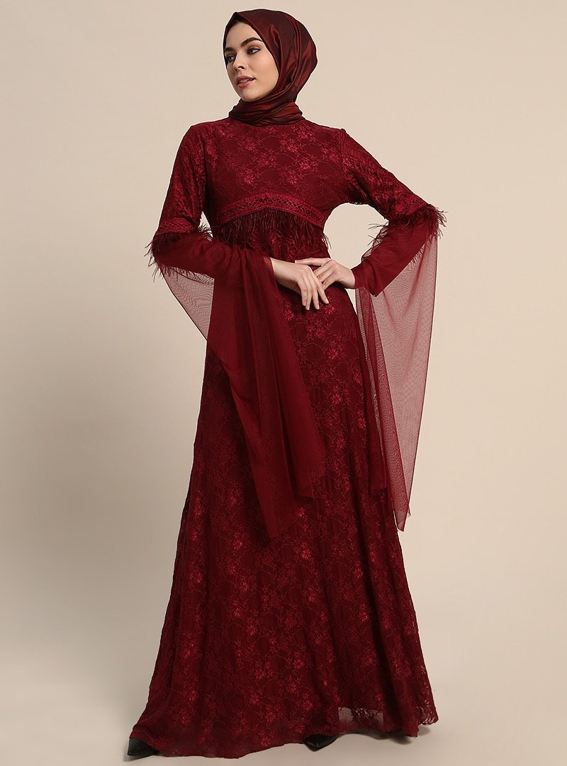 Refka Bordo Güpürlü Abiye Elbise