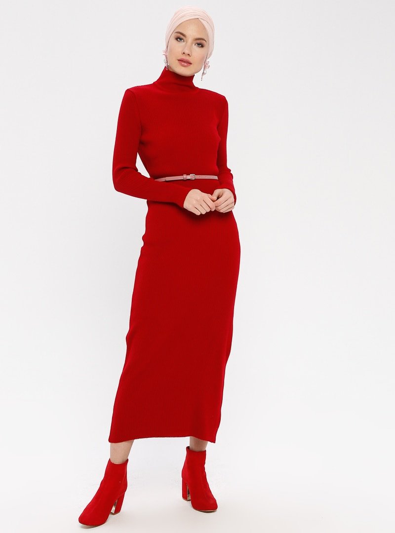 ERL Kırmızı Boğazlı Triko Elbise