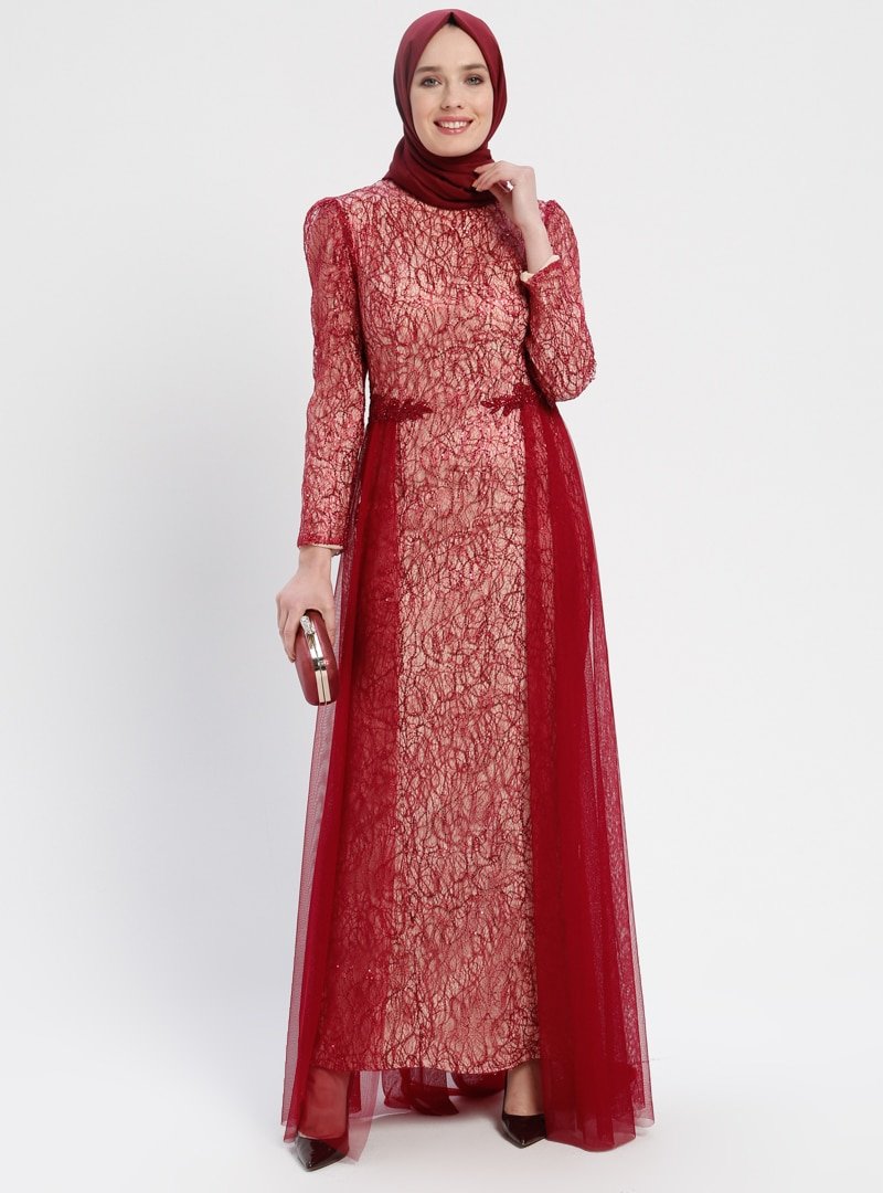 Sew&Design Bordo Tül Detaylı Payetli Abiye Elbise