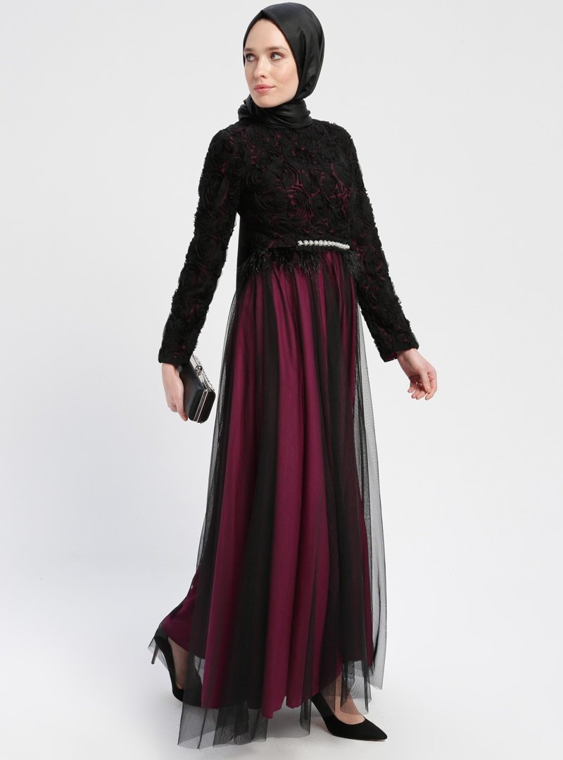 Sew&Design Mor Tül Detaylı Abiye Elbise