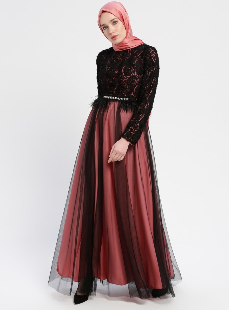 Sew&Design Mercan Tül Detaylı Abiye Elbise