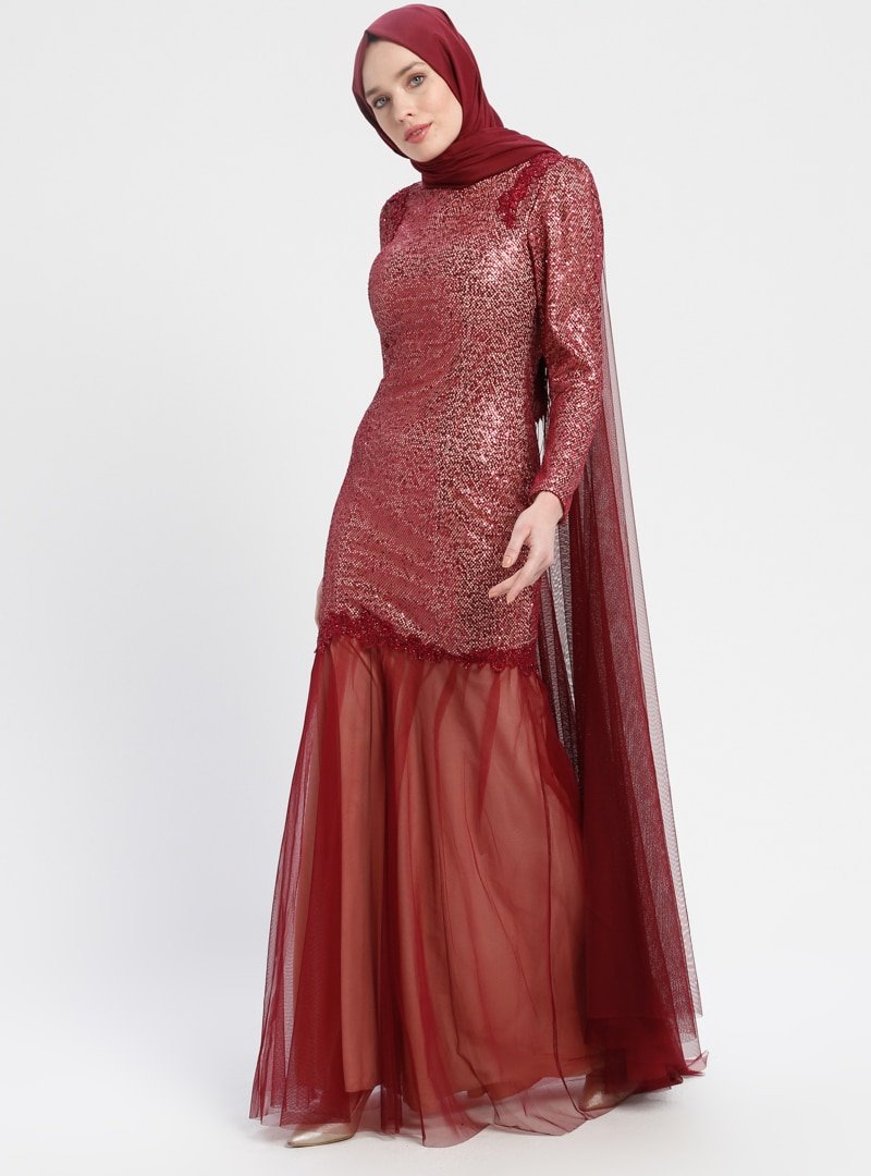 Sew&Design Bordo Pelerin Detaylı Payetli Abiye Elbise
