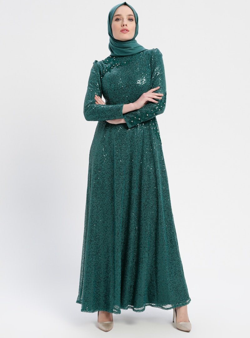 Sew&Design Yeşil Payetli Abiye Elbise