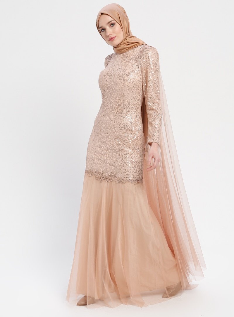 Sew&Design Bej Pelerin Detaylı Payetli Abiye Elbise