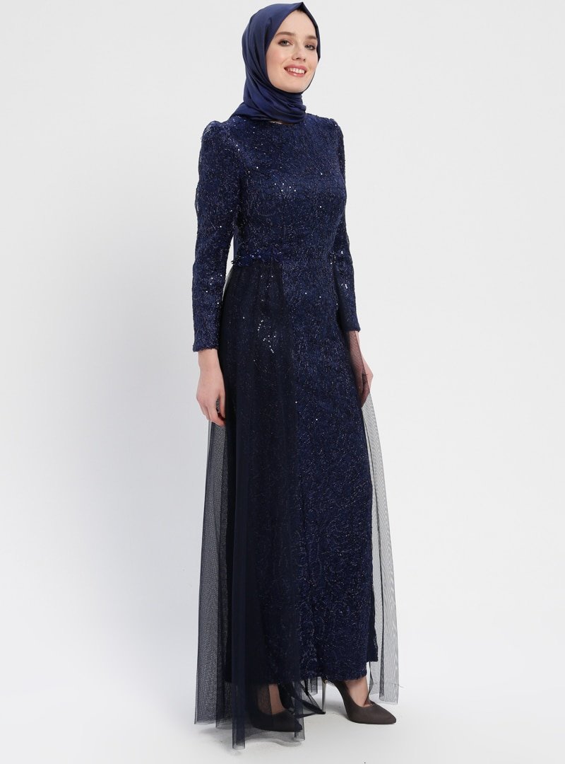 Sew&Design Lacivert Tül Detaylı Payetli Abiye Elbise