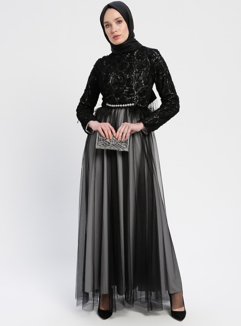 Sew&Design Gri Tül Detaylı Abiye Elbise
