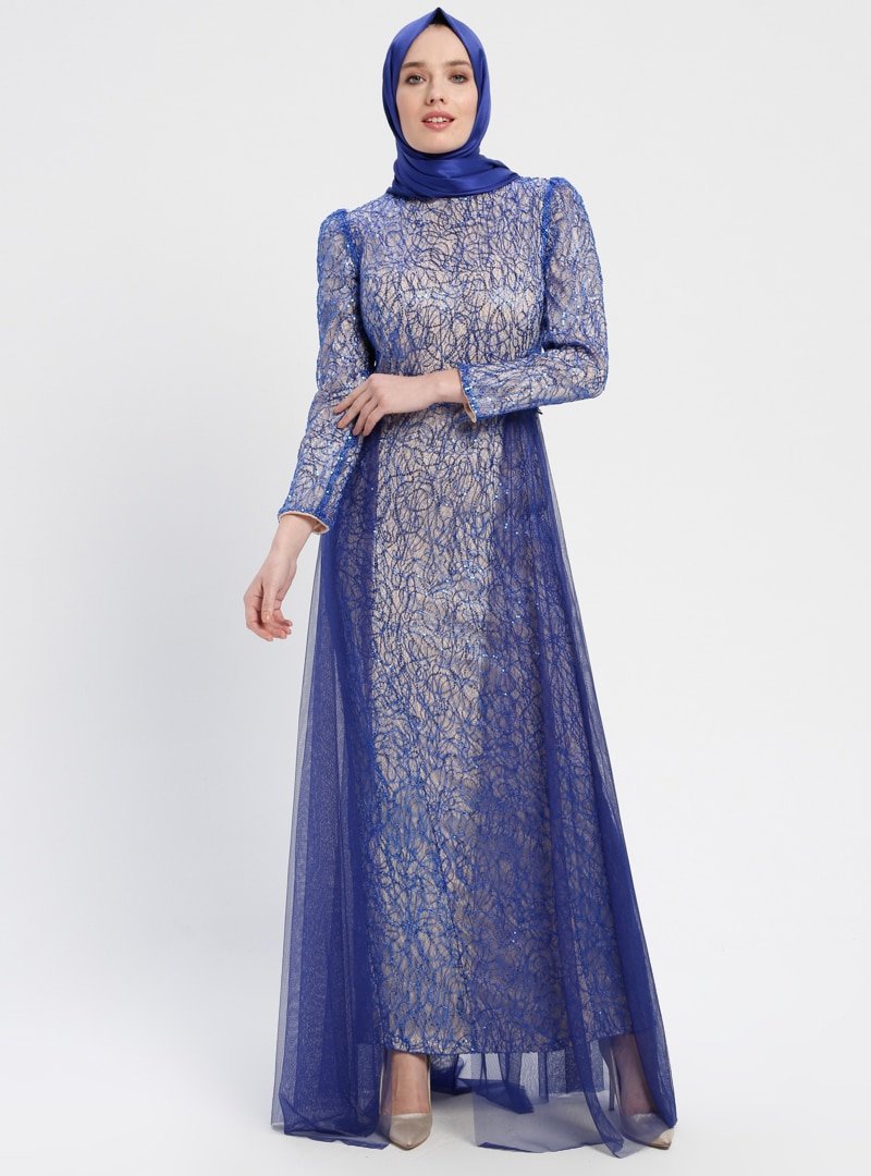 Sew&Design Saks Tül Detaylı Payetli Abiye Elbise