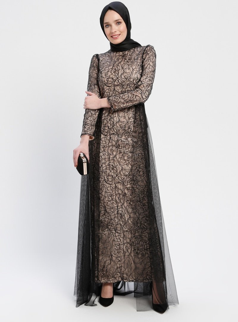 Sew&Design Siyah Tül Detaylı Payetli Abiye Elbise