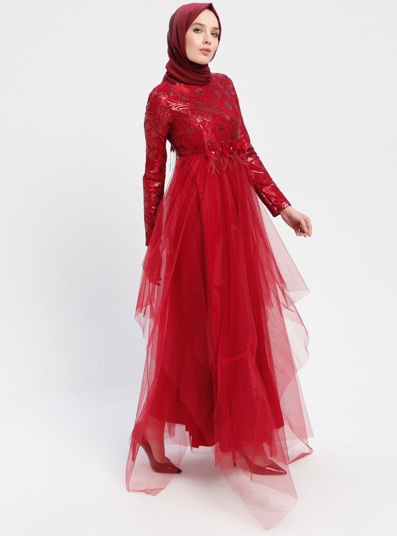 Sew&Design Kırmızı Tül Detaylı Payetli Abiye Elbise
