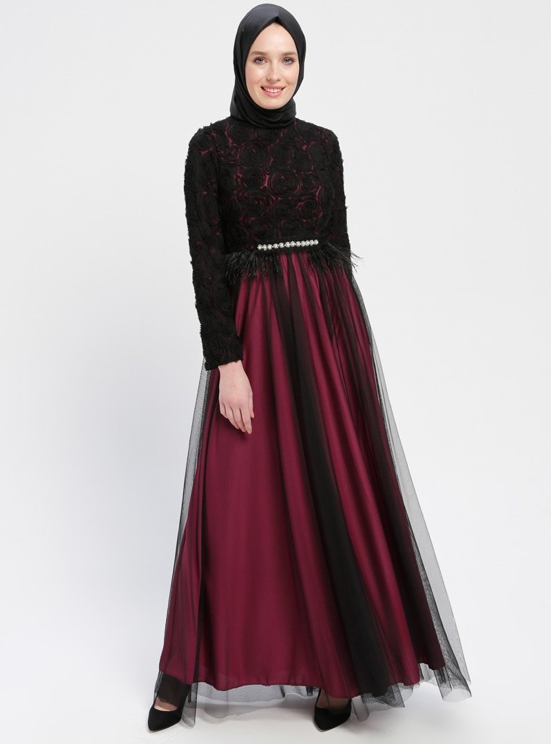 Sew&Design Fuşya Tül Detaylı Abiye Elbise