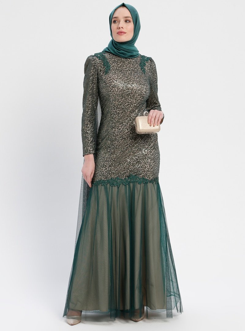 Sew&Design Yeşil Pelerin Detaylı Payetli Abiye Elbise