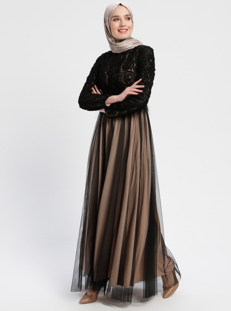 Sew&Design Bej Tül Detaylı Abiye Elbise