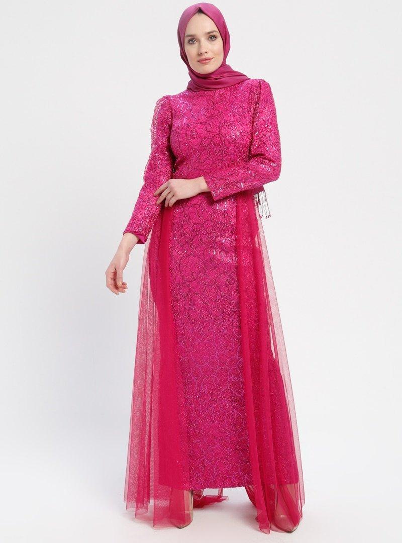 Sew&Design Fuşya Tül Detaylı Payetli Abiye Elbise