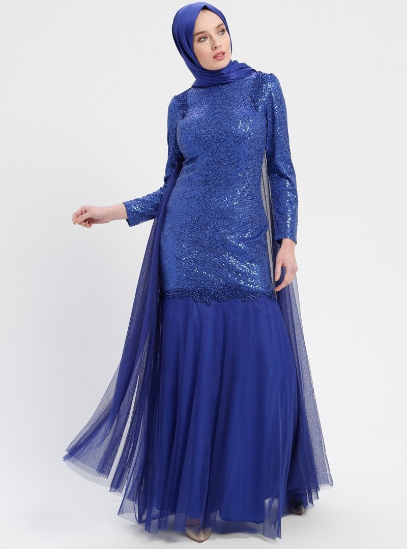 Sew&Design Saks Pelerin Detaylı Payetli Abiye Elbise