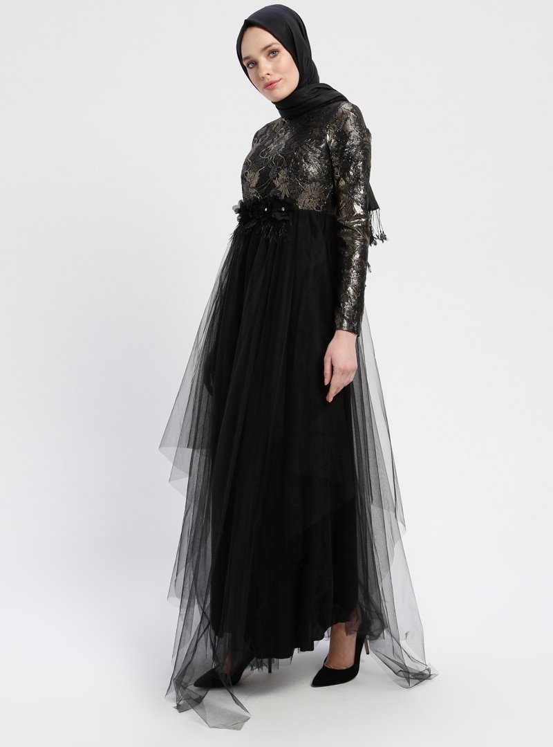 Sew&Design Siyah Tül Detaylı Payetli Abiye Elbise