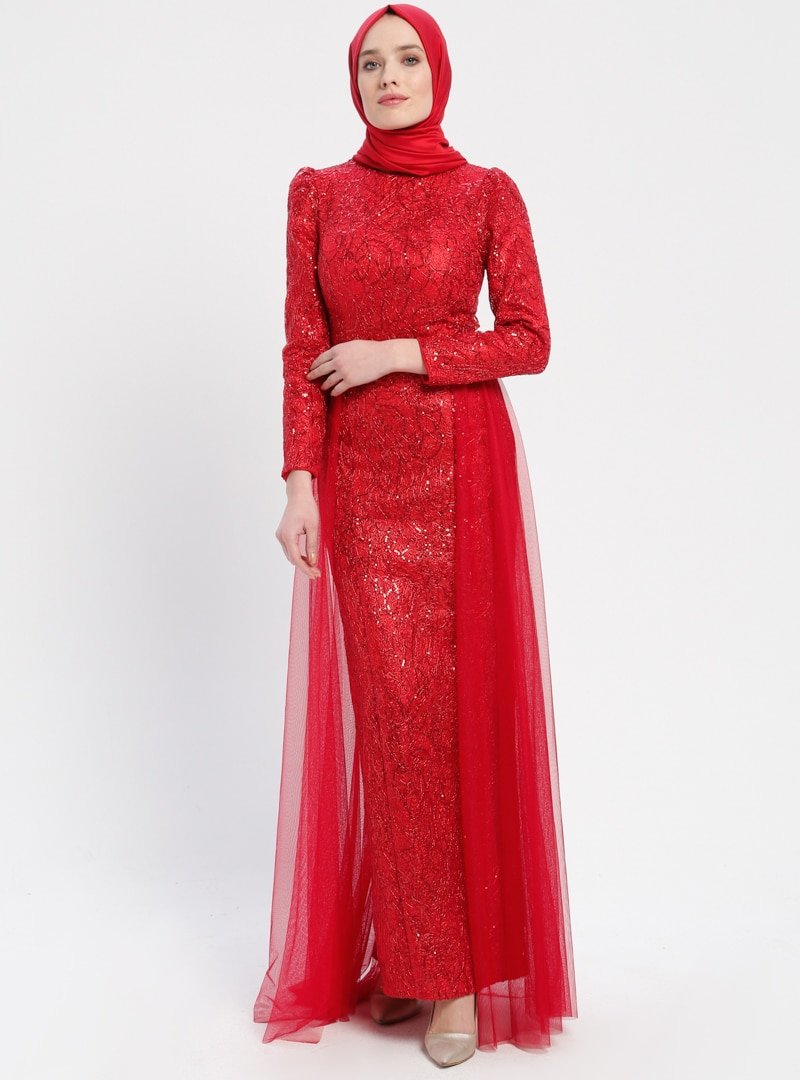 Sew&Design Kırmızı Tül Detaylı Payetli Abiye Elbise