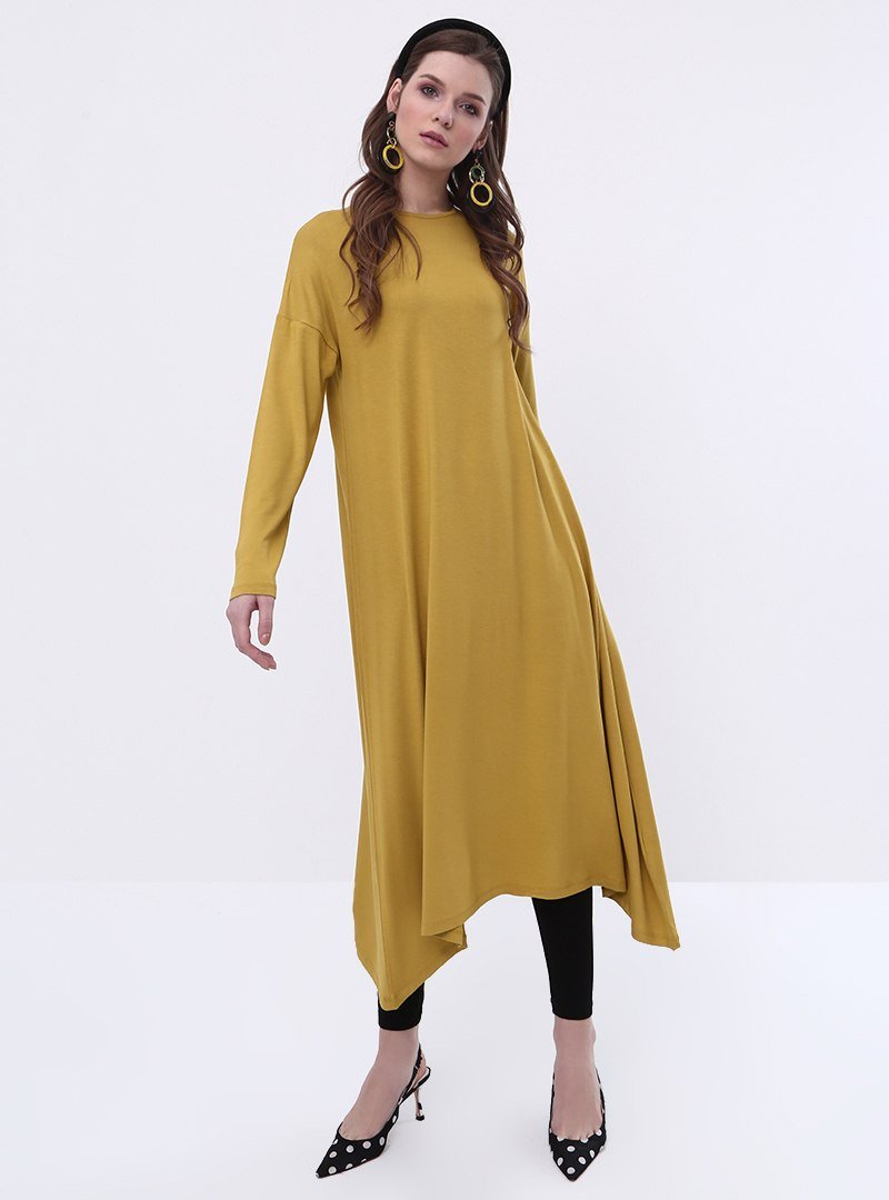 Everyday Basic Yağ Yeşili 115 cm Doğal Kumaştan Asimetrik Tunik