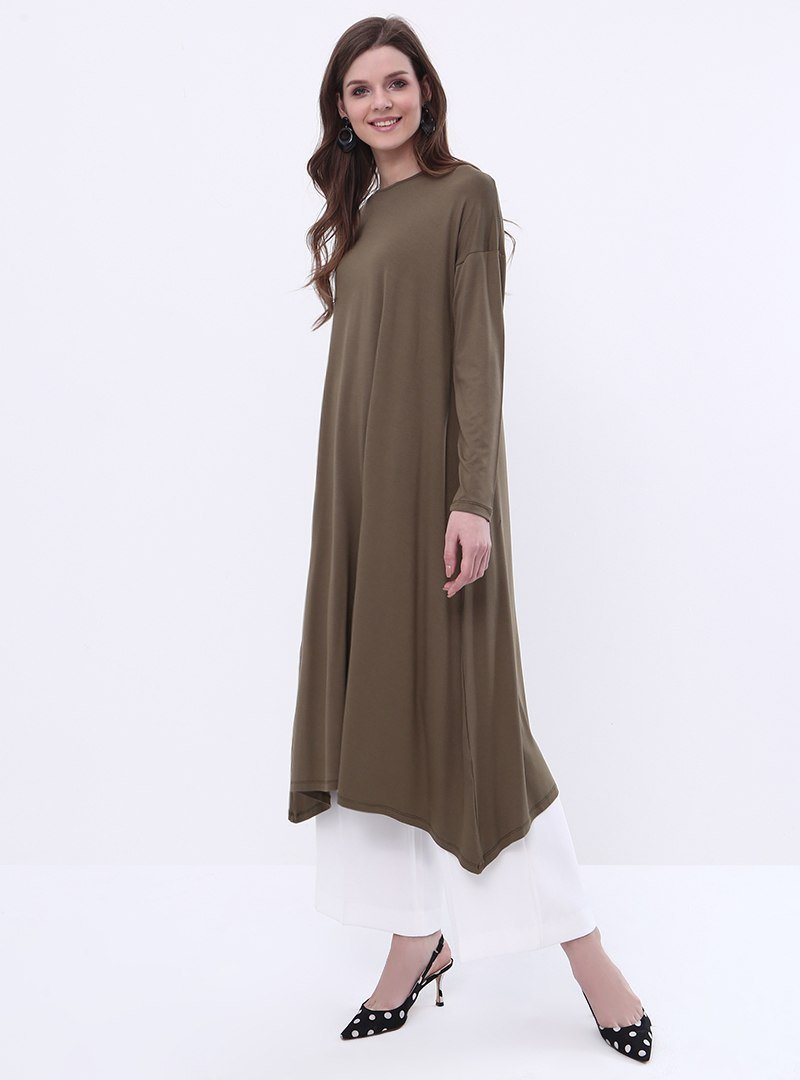 Everyday Basic Haki 115 cm Doğal Kumaştan Asimetrik Tunik