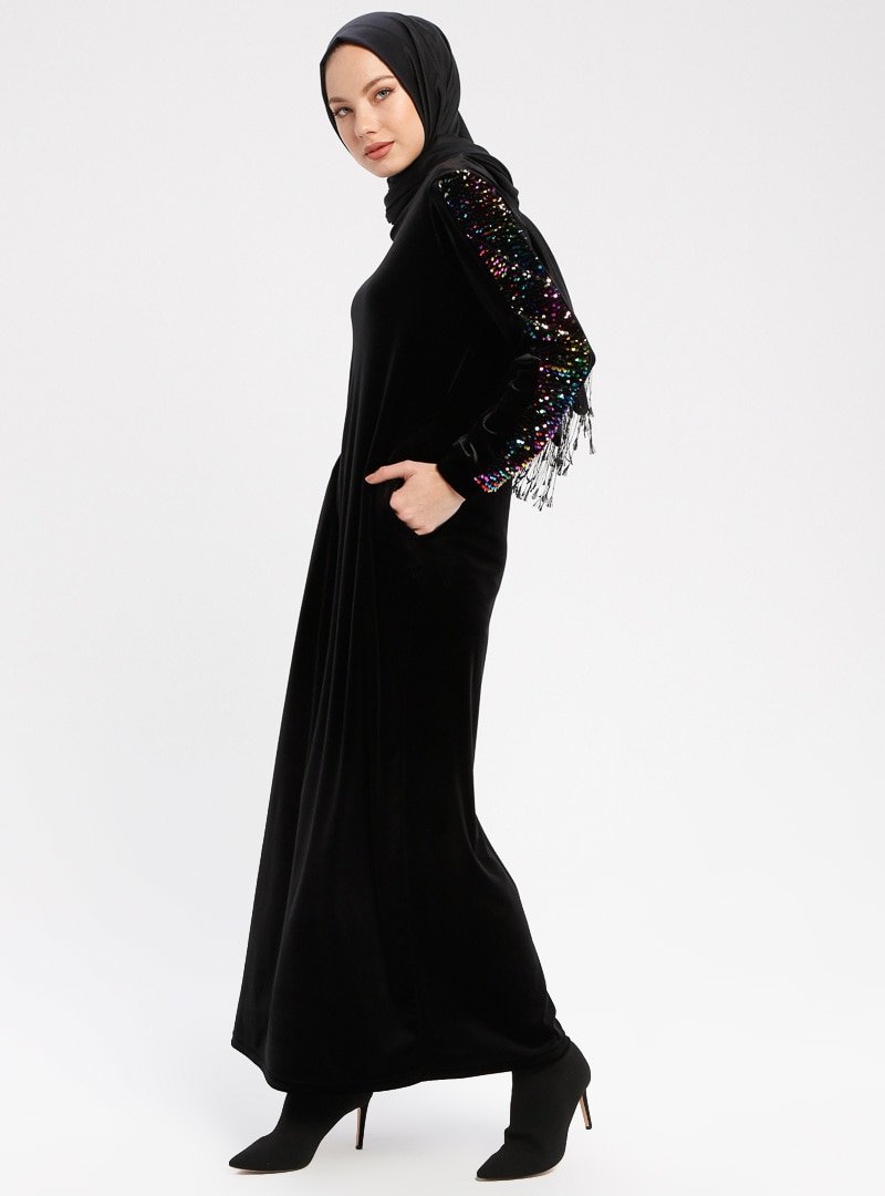 Ginezza Siyah Payetli Kadife Elbise