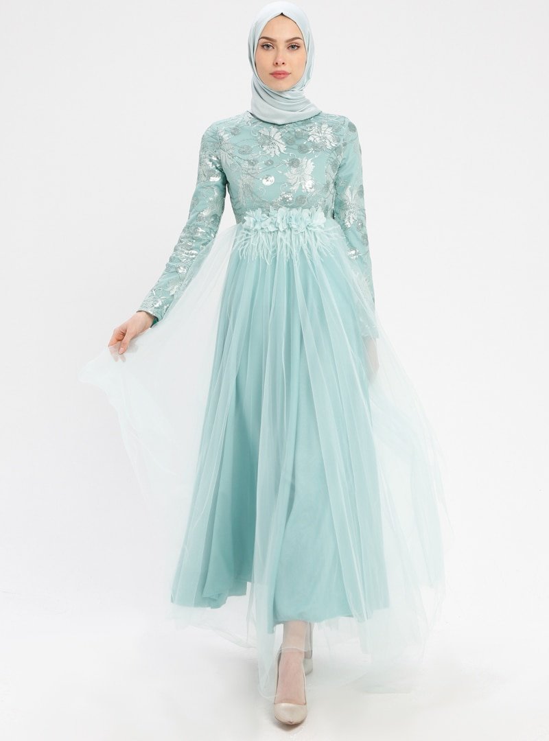 Sew&Design Mint Tül Detaylı Payetli Abiye Elbise
