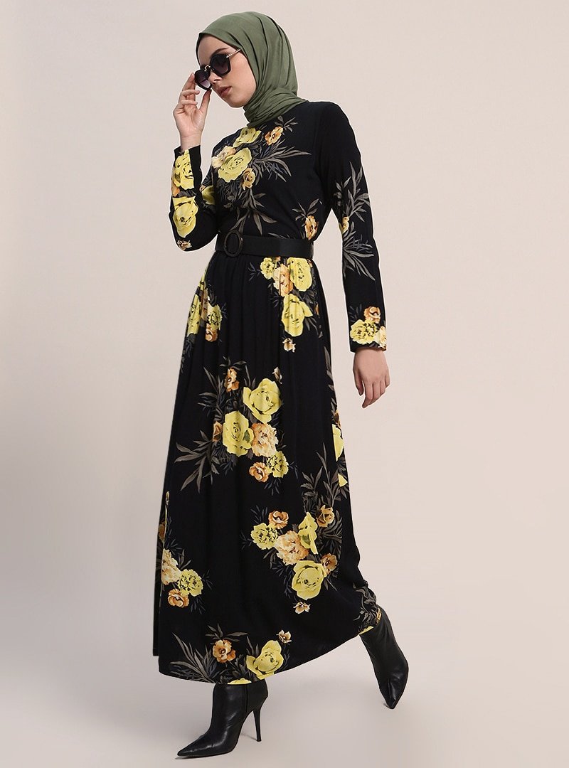 Refka Siyah Çiçekli Elbise
